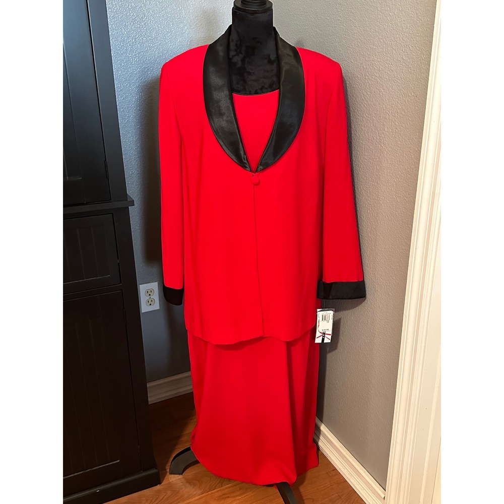 Dana Kay Red Black Satin Trim 2PC Jacket Dress Set Plus 18W Evening Formal